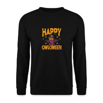 Happy Owloween Lustig Halloween Eulenliebhaber - Unisex Pullover - Schwarz - Vorne - Alina (178cm) & Michal (187cm)