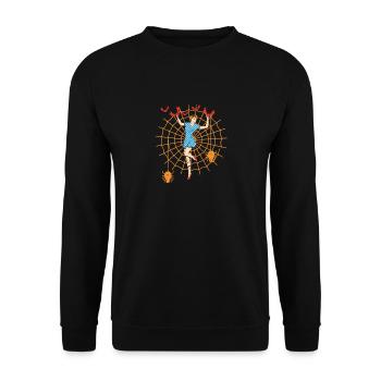 Retro Pin Up Girl gefangen im Spinnennetz Vintage - Unisex Pullover - Schwarz - Vorne - Alina (178cm) & Michal (187cm)