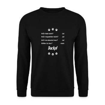 Er liebt Dich. Wer ist das? Mein - Dackel - Unisex Pullover - Schwarz - Vorne - Alina (178cm) & Michal (187cm)
