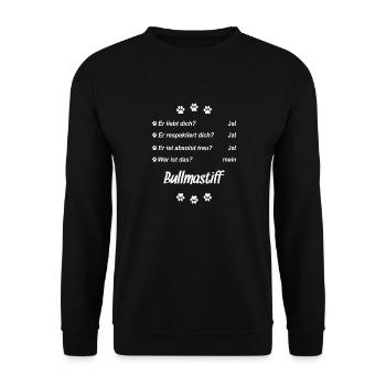 Er liebt Dich. Wer ist das? Mein - Bullmastiff - Unisex Pullover - Schwarz - Vorne - Alina (178cm) & Michal (187cm)