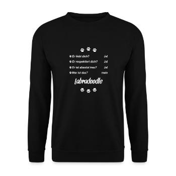 Er liebt Dich. Wer ist das? Mein - Labradoodle - Unisex Pullover - Schwarz - Vorne - Alina (178cm) & Michal (187cm)