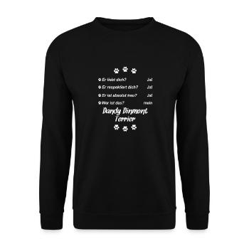 Er liebt Dich. Wer ist das? Dandy Dinmont Terrier - Unisex Pullover - Schwarz - Vorne - Alina (178cm) & Michal (187cm)