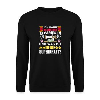 Klamotten reparieren Nähen Superkraft - Unisex Pullover - Schwarz - Vorne - Alina (178cm) & Michal (187cm)