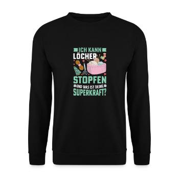 Löcher stopfen Nähen Geschenkidee - Unisex Pullover - Schwarz - Vorne - Alina (178cm) & Michal (187cm)
