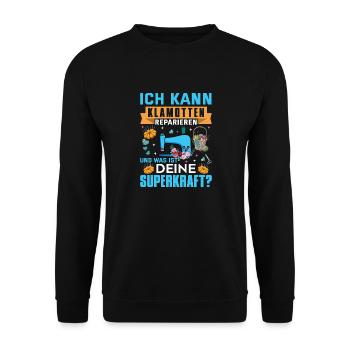 Klamotten reparieren Nähen Geschenkidee - Unisex Pullover - Schwarz - Vorne - Alina (178cm) & Michal (187cm)