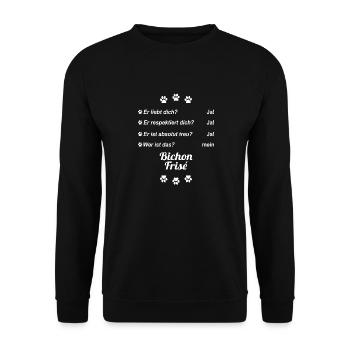 Er liebt Dich. Wer ist das? Mein - Bichon Frisé - Unisex Pullover - Schwarz - Vorne - Alina (178cm) & Michal (187cm)