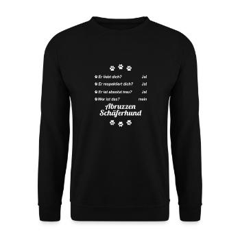 Er liebt Dich. Wer ist das? Abruzzen Schäferhund - Unisex Pullover - Schwarz - Vorne - Alina (178cm) & Michal (187cm)