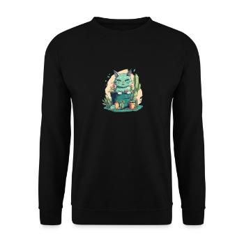 Green cat in flower pot with cactus and pumpkin - Unisex Sweatshirt - black - Front - Alina (178cm) & Michal (187cm)