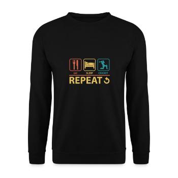 Essen Schlafen Grille Wiederholung Vintage Lustig - Unisex Pullover - Schwarz - Vorne - Alina (178cm) & Michal (187cm)
