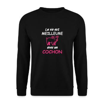 Le vie est meilleure avec un cochon - Sweat-shirt Unisexe - noir - Devant - Alina (178cm) & Michal (187cm)