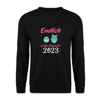 Große Schwester 2023 Geschenk - Unisex Pullover - Schwarz - Vorne - Alina (178cm) & Michal (187cm)