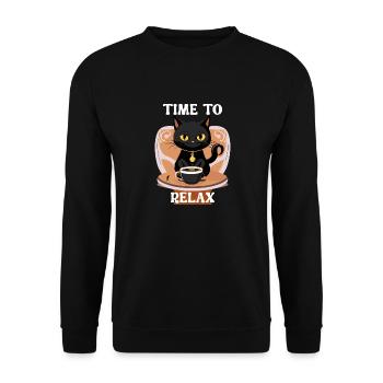 Entspannte Katze mit Teetasse - Unisex Pullover - Schwarz - Vorne - Alina (178cm) & Michal (187cm)