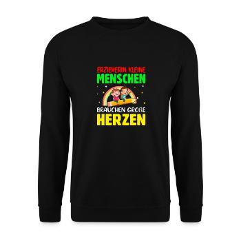 Erzieherin kleine Menschen brauchen große Herzen - Unisex Pullover - Schwarz - Vorne - Alina (178cm) & Michal (187cm)