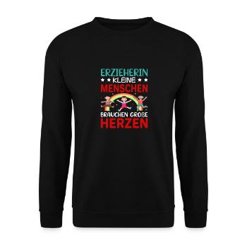 Erzieherin kleine Menschen brauchen große Herzen - Unisex Pullover - Schwarz - Vorne - Alina (178cm) & Michal (187cm)