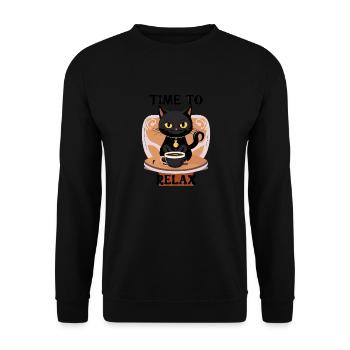 Entspannte Katze mit Teetasse - Unisex Pullover - Schwarz - Vorne - Alina (178cm) & Michal (187cm)