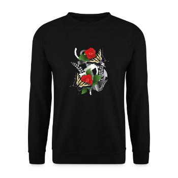 Anker mit Rosen und Schmetterlingen - Unisex Pullover - Schwarz - Vorne - Alina (178cm) & Michal (187cm)