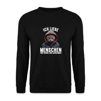 Ich liebe Menschen und Ironie und Sarkasmus - Unisex Pullover - Schwarz - Vorne - Alina (178cm) & Michal (187cm)