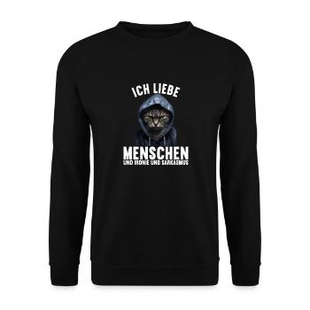 Ich liebe Menschen und Ironie und Sarkasmus - Unisex Pullover - Schwarz - Vorne - Alina (178cm) & Michal (187cm)