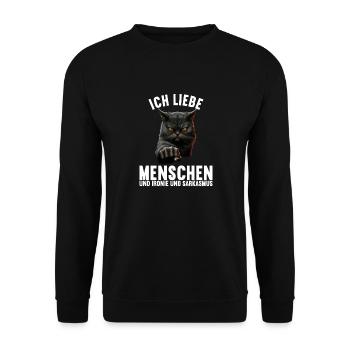 Ich liebe Menschen und Ironie und Sarkasmus - Unisex Pullover - Schwarz - Vorne - Alina (178cm) & Michal (187cm)