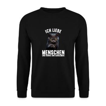 Ich liebe Menschen und Ironie und Sarkasmus - Unisex Pullover - Schwarz - Vorne - Alina (178cm) & Michal (187cm)