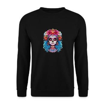 Gruseliges Halloween La Catrina - Bunte Totenkopf Frauen - Unisex Pullover - Schwarz - Vorne - Alina (178cm) & Michal (187cm)