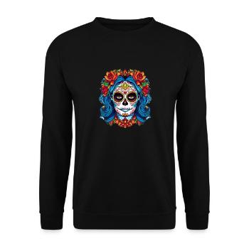 Gruselige bunte La Catrina - Halloween Florral Wom - Unisex Pullover - Schwarz - Vorne - Alina (178cm) & Michal (187cm)