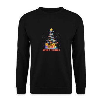 Merry Fishmas Funny Weihnachtsbaum Lichter Fisch - Unisex Pullover - Schwarz - Vorne - Alina (178cm) & Michal (187cm)