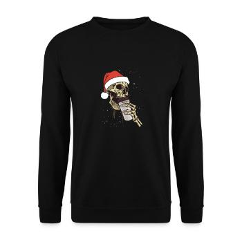 Skelett Weihnachtsmann Mütze Kaffeetrinken Lustig - Unisex Pullover - Schwarz - Vorne - Alina (178cm) & Michal (187cm)