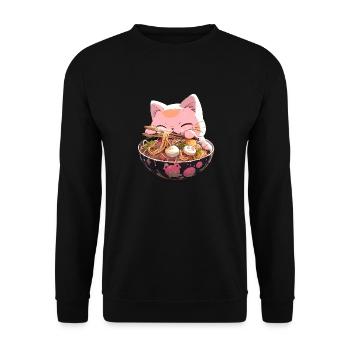 Anime Manga Kawaii Cat Eats Ramen Noodles - Unisex Sweatshirt - black - Front - Alina (178cm) & Michal (187cm)