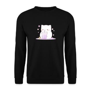 Boba and Cats Katze die Bubble Tee trinkt Anime - Unisex Pullover - Schwarz - Vorne - Alina (178cm) & Michal (187cm)