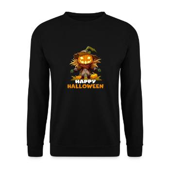 Fröhliche Halloween Kürbis Vogelscheuche Grafik - Unisex Pullover - Schwarz - Vorne - Alina (178cm) & Michal (187cm)