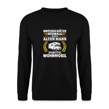 Unterschätze niemals einen alten Man mit Wohnwagen - Unisex Pullover - Schwarz - Vorne - Alina (178cm) & Michal (187cm)