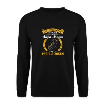Unterschätze niemals einen Mann mit Pfeil & Bogen - Unisex Pullover - Schwarz - Vorne - Alina (178cm) & Michal (187cm)