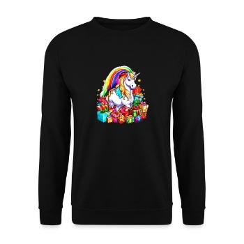 Regenbogen-Einhorn-Weihnachten mit Weihnachtsgeschenken - Unisex Pullover - Schwarz - Vorne - Alina (178cm) & Michal (187cm)