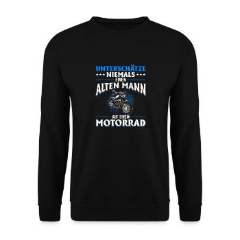 Unterschätze niemals einen Mann auf einem Motorrad - Unisex Pullover - Schwarz - Vorne - Alina (178cm) & Michal (187cm)