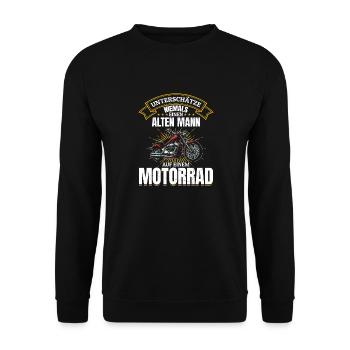 Unterschätze niemals einen Mann auf einem Motorrad - Unisex Pullover - Schwarz - Vorne - Alina (178cm) & Michal (187cm)