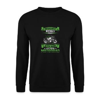 Unterschätze niemals einen Mann auf einem Motorrad - Unisex Pullover - Schwarz - Vorne - Alina (178cm) & Michal (187cm)