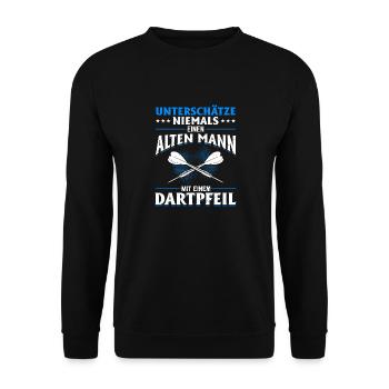 Unterschätze niemals ein Mann mit einem Dartpfeil - Unisex Pullover - Schwarz - Vorne - Alina (178cm) & Michal (187cm)