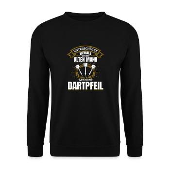Unterschätze niemals ein Mann mit einem Dartpfeil - Unisex Pullover - Schwarz - Vorne - Alina (178cm) & Michal (187cm)