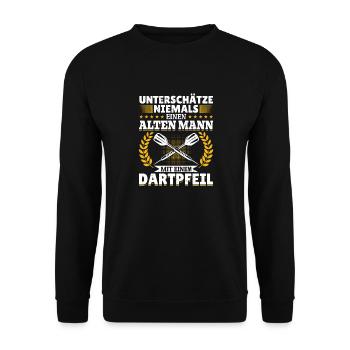 Unterschätze niemals ein Mann mit einem Dartpfeil - Unisex Pullover - Schwarz - Vorne - Alina (178cm) & Michal (187cm)