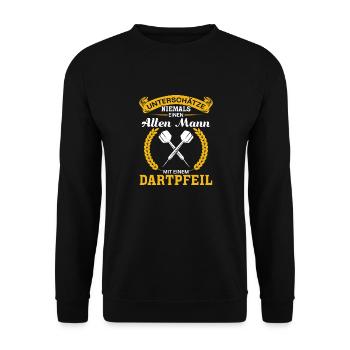 Unterschätze niemals ein Mann mit einem Dartpfeil - Unisex Pullover - Schwarz - Vorne - Alina (178cm) & Michal (187cm)