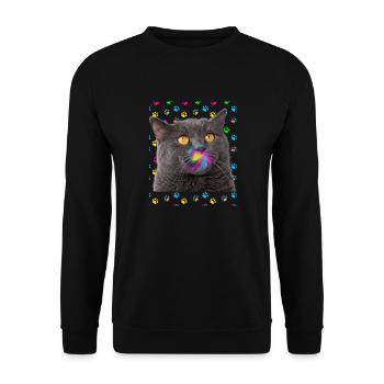 Mehrfarbige orangefarbene Popkultur-Katze - Unisex Pullover - Schwarz - Vorne - Alina (178cm) & Michal (187cm)