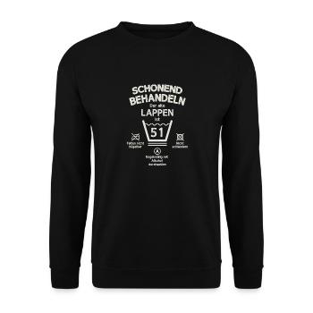 Der Alte Lappen, Schonend Behandeln 51. Geburtstag - Unisex Pullover - Schwarz - Vorne - Alina (178cm) & Michal (187cm)