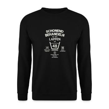 Der Alte Lappen, Schonend Behandeln 48. Geburtstag - Unisex Pullover - Schwarz - Vorne - Alina (178cm) & Michal (187cm)