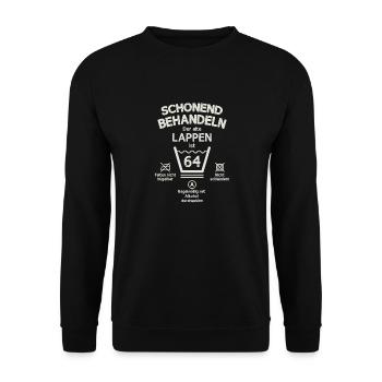 Der Alte Lappen, Schonend Behandeln 64. Geburtstag - Unisex Pullover - Schwarz - Vorne - Alina (178cm) & Michal (187cm)