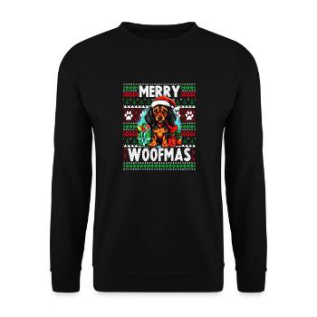 Niedliches Dackel Hund Weihnachtsdesign - Merry Woofma - Unisex Pullover - Schwarz - Vorne - Alina (178cm) & Michal (187cm)