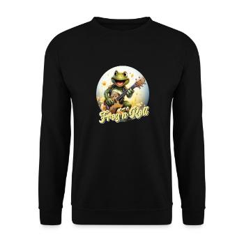 Lustiger Frosch mit E-Gitarre und Spruch - Unisex Pullover - Schwarz - Vorne - Alina (178cm) & Michal (187cm)