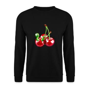 Da ist der Wurm drin - Kirsche - Unisex Pullover - Schwarz - Vorne - Alina (178cm) & Michal (187cm)