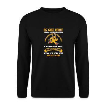 Langschläfer Sportmuffel Morgenmuffel Lustige Sprü - Unisex Pullover - Schwarz - Vorne - Alina (178cm) & Michal (187cm)