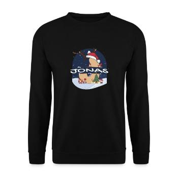 Toller Jonas Name mit Weihnachtsmütze im Weihnachtsthema - Unisex Pullover - Schwarz - Vorne - Alina (178cm) & Michal (187cm)